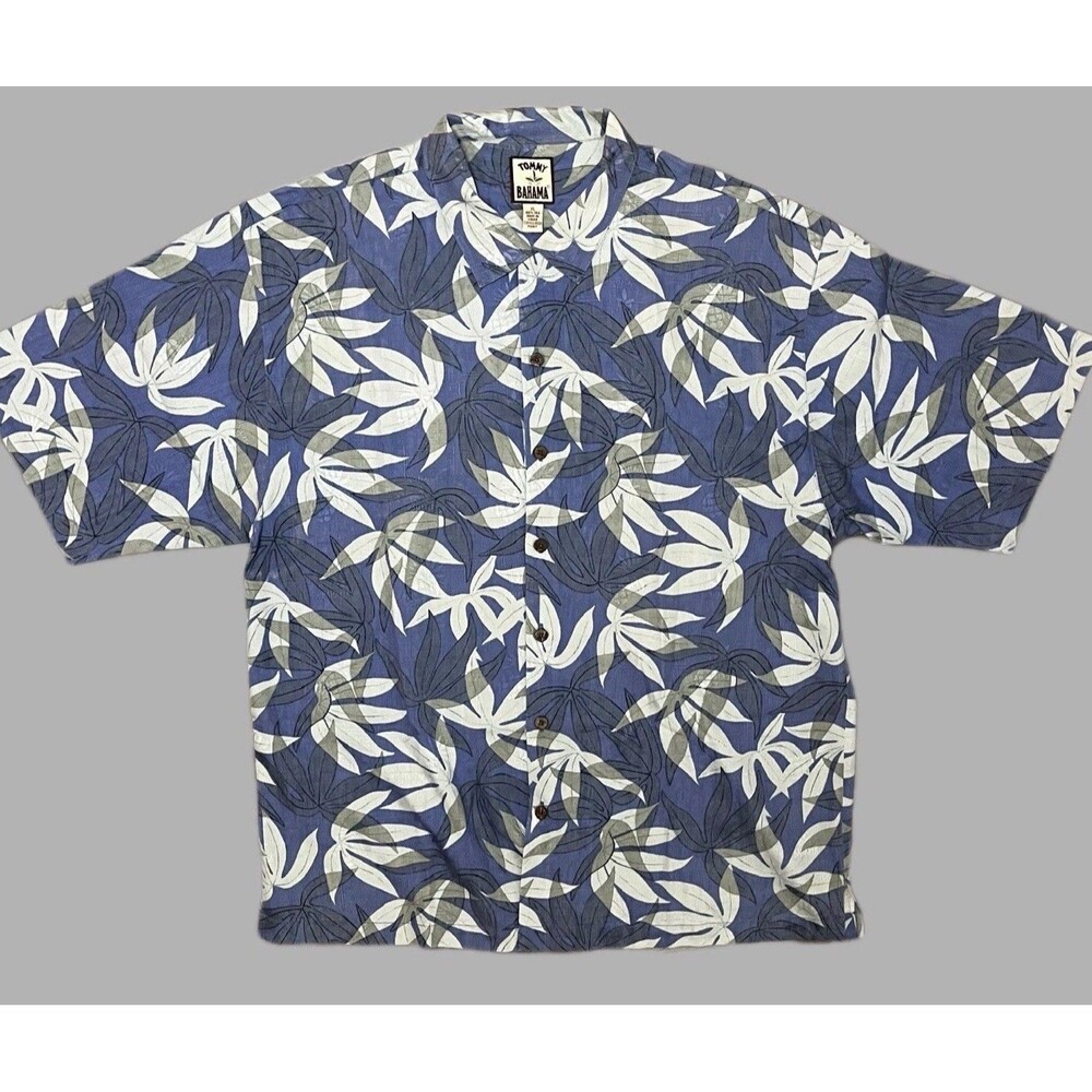 VTG Tommy Bahama Men's XL Silk Blue White Tropical Floral Short Sleeve Button-Up